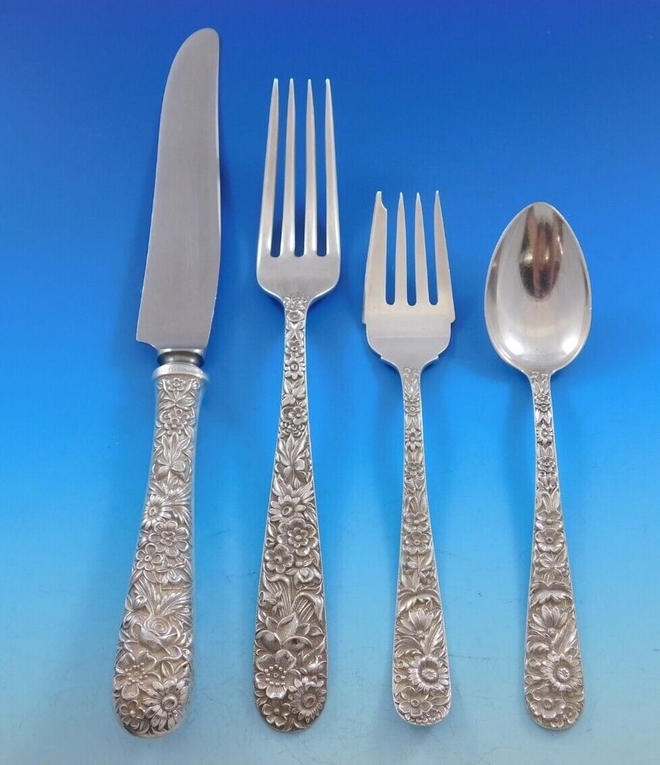 Kirk Repousse Sterling Silver Flatware Set for 12 - 53 Pieces with Storage Chest: Kirk Repousse Sterling Silver Flatware Set for 12 - 53 Pieces with Storage Chest Elevate your dining experience with this stunning Repousse by Kirk Sterling Silver Flatware Set, designed for 12 people
