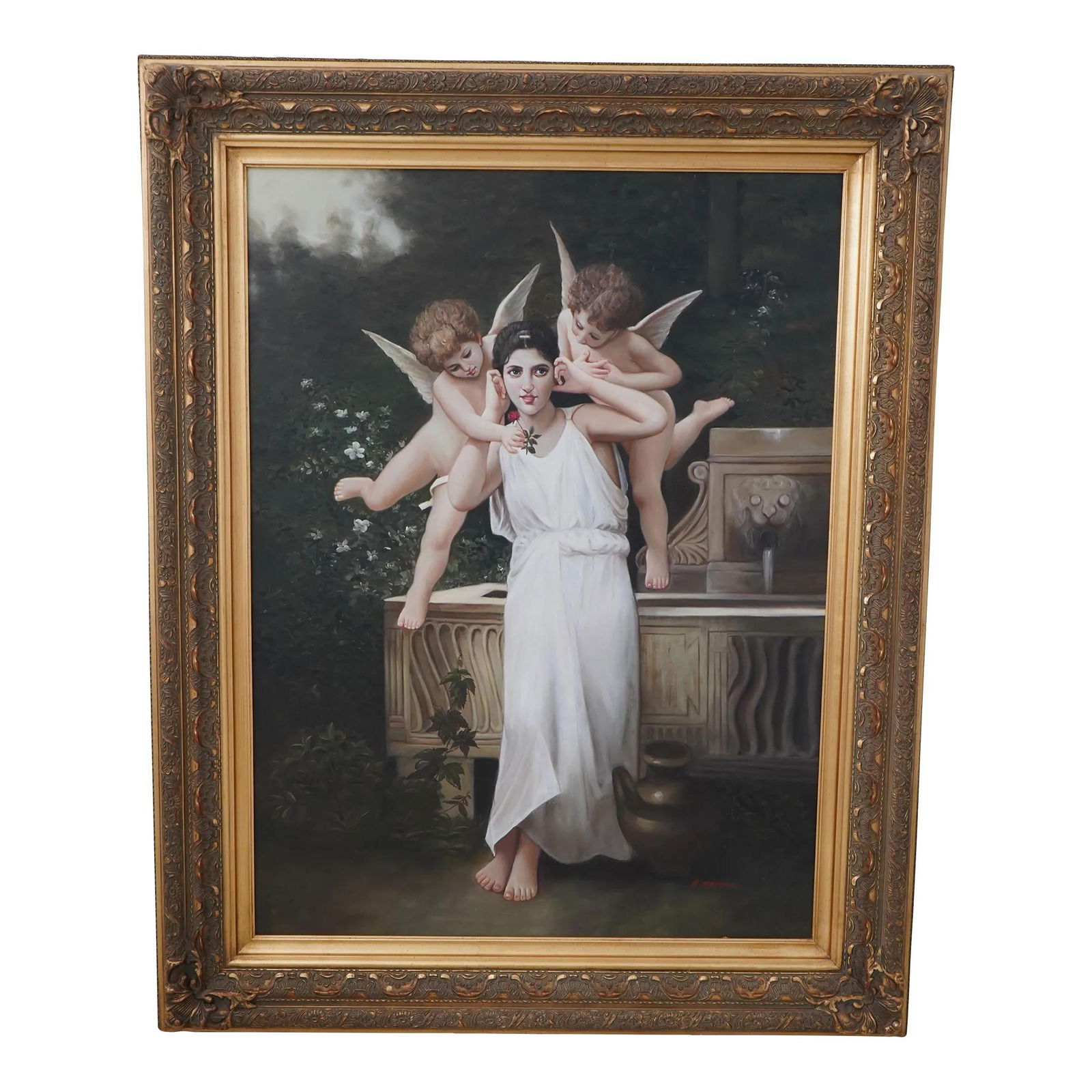 Artist Signed Large Framed Oil Print of Girl with Cherubs 48x60: Artist Signed Large Framed Oil Print of Girl with Cherubs 48x60 This stunning large framed oil print on canvas features a charming scene of a girl and cherubs, showcasing impressive artistry and craft