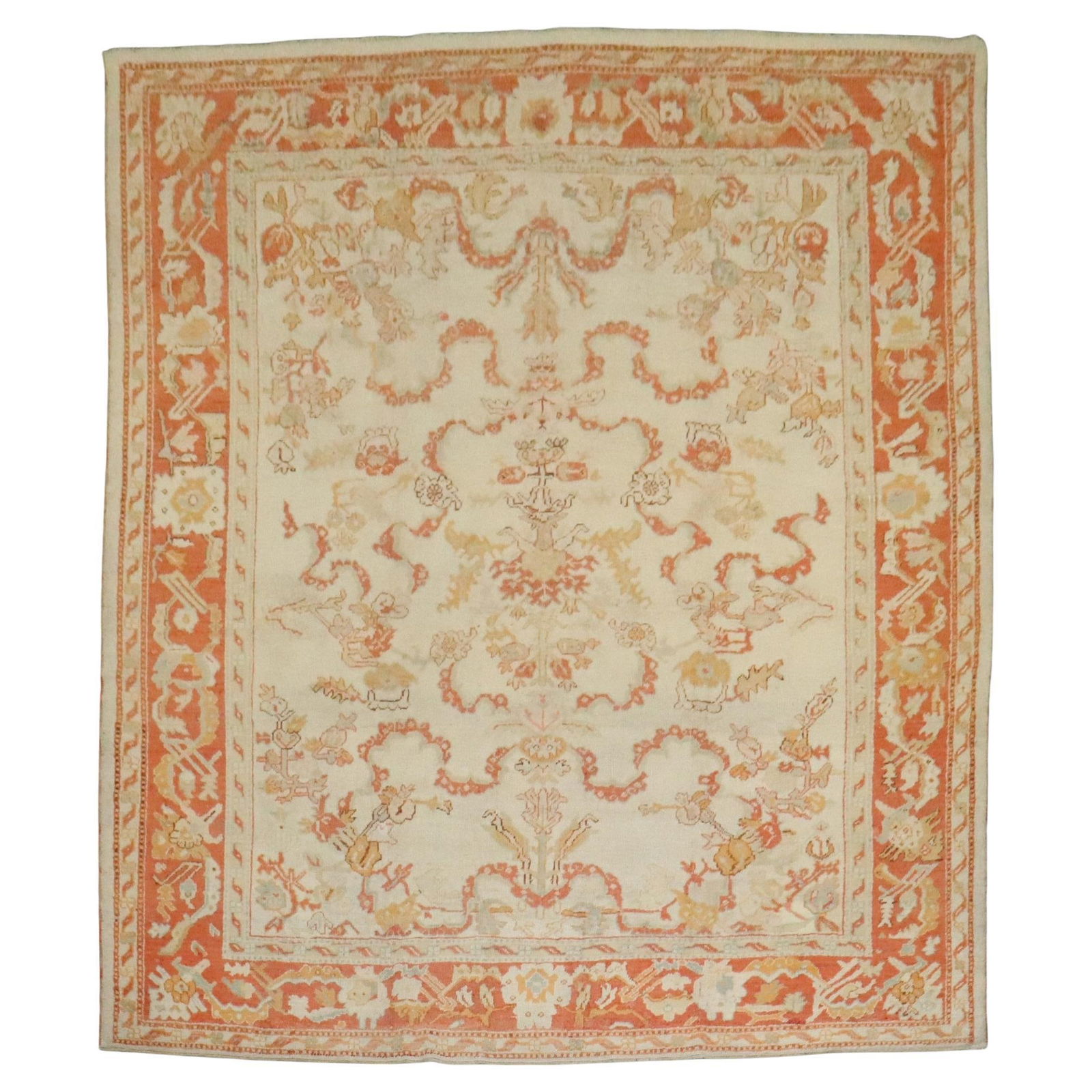 Zabihi Collection 19th Century Ivory Orange Turkish Oushak Carpet 10'7 x 13'3: Zabihi Collection 19th Century Ivory Orange Turkish Oushak Carpet 10'7 x 13'3 Experience the timeless elegance of this late 19th century Turkish Oushak carpet, featuring a striking combination of ivor