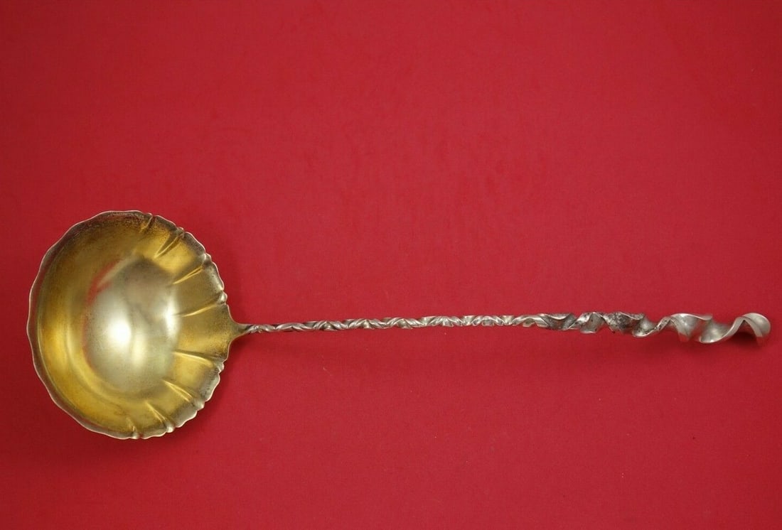Whiting Reverse Twist #8 Sterling Silver Gold Wash Soup Ladle 13.5 inches: Whiting Reverse Twist #8 Sterling Silver Gold Wash Soup Ladle 13.5 inches This exquisite soup ladle features the elegant Reverse Twist #8 pattern by Whiting, crafted from high-quality sterling silver.