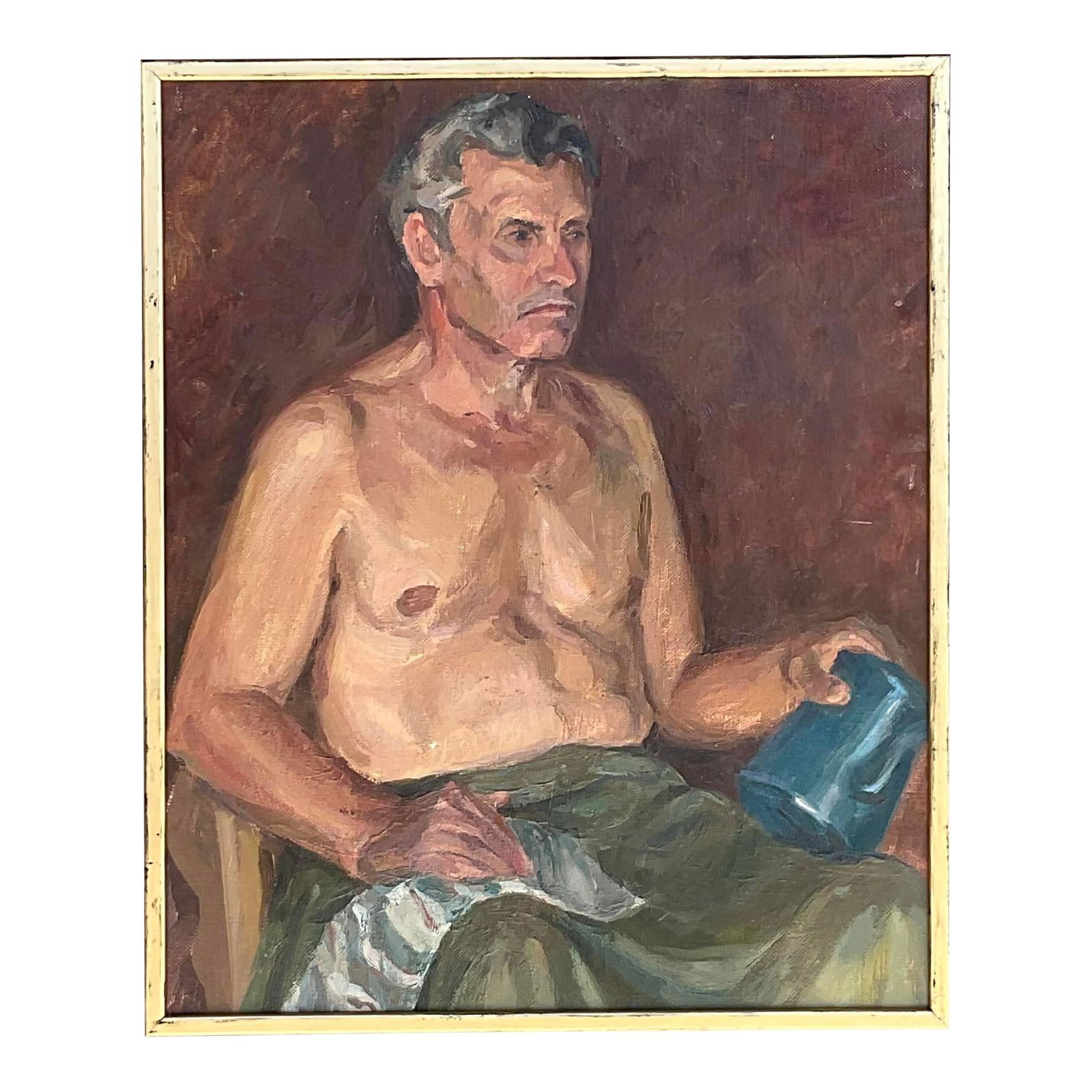 Vintage Boho Oil Portrait of Handsome Man on Board: Vintage Boho Oil Portrait of Handsome Man on Board Discover a stunning vintage Boho original oil portrait on board, showcasing a chic composition of a handsome shirtless man. This artwork is character