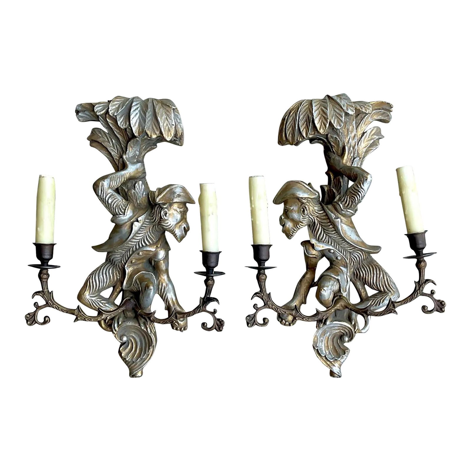 Vintage Regency Sconces Pair with Gilt-Tipped Monkey Figures: Vintage Regency Sconces Pair with Gilt-Tipped Monkey Figures Experience the charm of vintage elegance with this stunning pair of Regency sconces. Each sconce features intricately crafted gilt-tipped m
