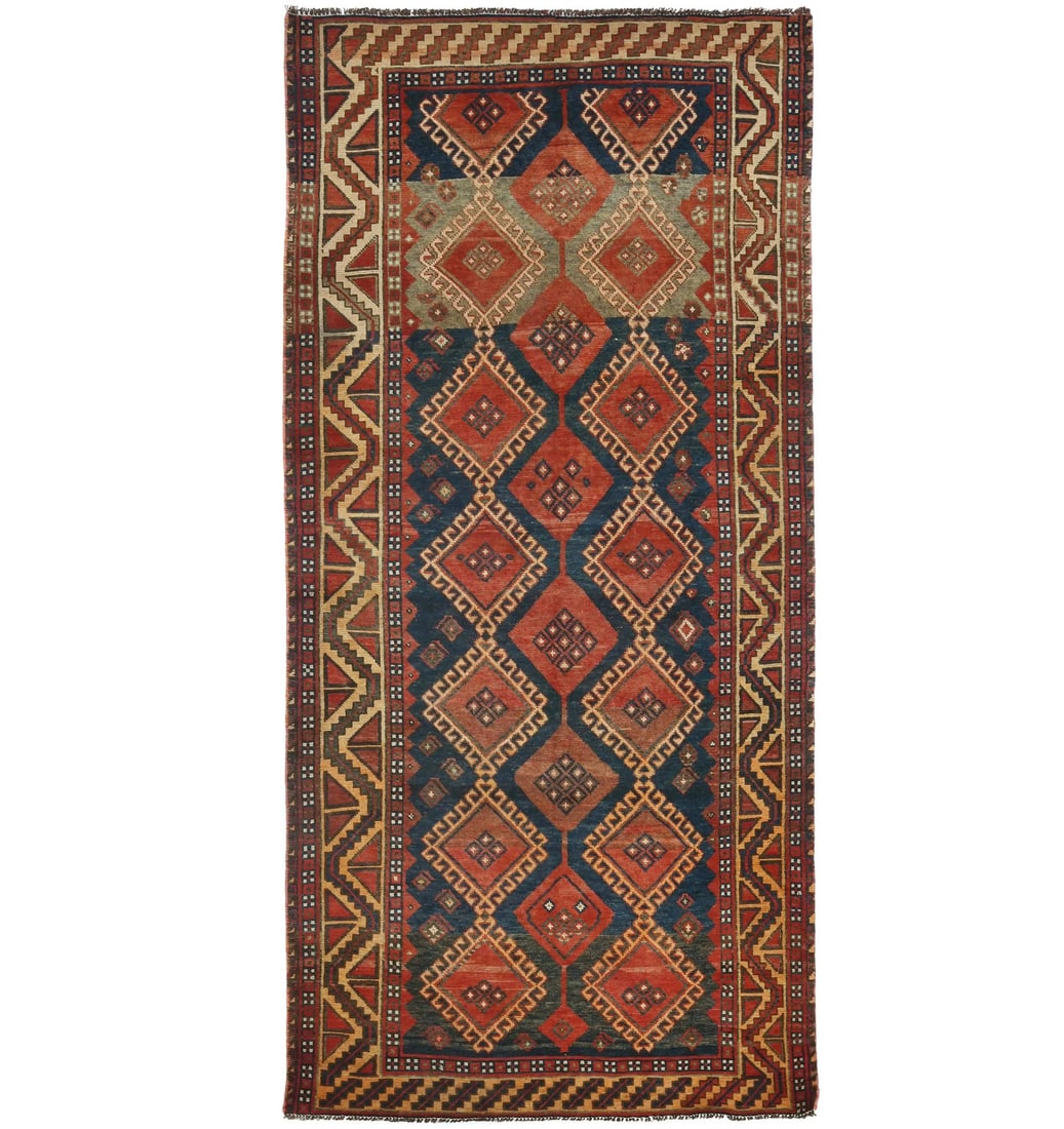 Vintage Tribal Hand-Knotted Wool Runner Rug 4'4 x 9'3: Vintage Tribal Hand-Knotted Wool Runner Rug 4'4 x 9'3 Enhance your space with this Tribal Antique Wool Oriental Wide Runner Rug, a stunning addition to your hallway, kitchen, or bedroom. Measuring 4'4