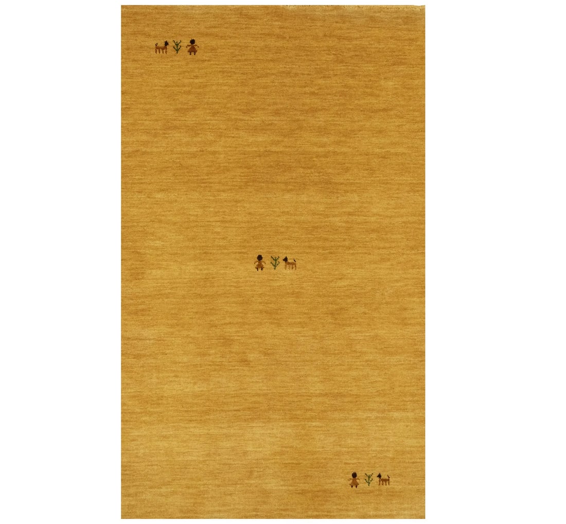 Golden Peach 3x5 ft Hand-Loomed Gabbeh Modern Area Rug: Golden Peach 3x5 ft Hand-Loomed Gabbeh Modern Area Rug Enhance your living space with this stunning Golden Peach Gabbeh Modern Rug, perfect for bedrooms and entryways. This area rug measures 3'1" x 5'