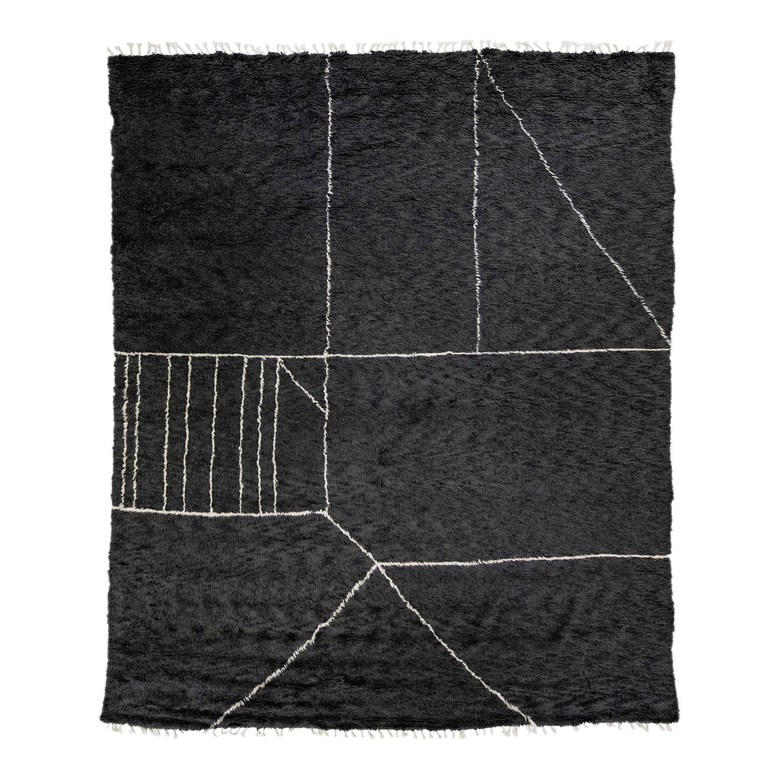 Handmade Black Abstract Wool Rug 12'1 x 14'10: Handmade Black Abstract Wool Rug 12'1 x 14'10 Elevate your space with this stunning modern Moroccan style hand-knotted wool rug. Featuring a striking black field and adorned with white fringes, it sho