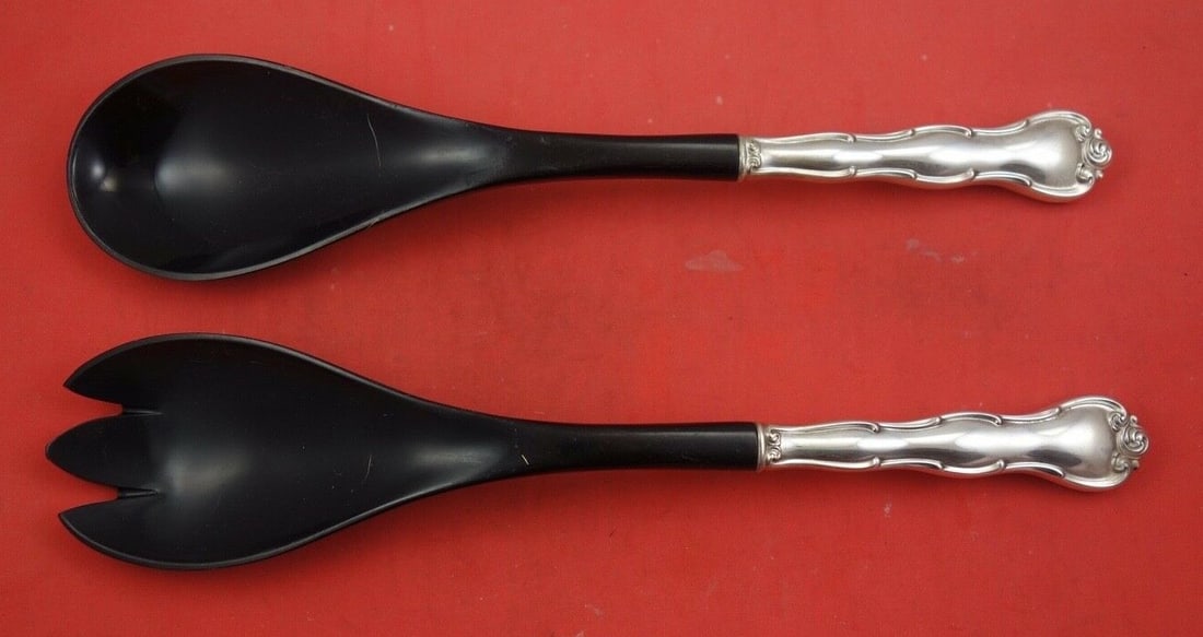 Gorham Rondo Sterling Silver Salad Serving Set 2-Piece Ebony Handles 12 Inch: Gorham Rondo Sterling Silver Salad Serving Set 2-Piece Ebony Handles 12 Inch Elevate your dining experience with this exquisite Rondo by Gorham Sterling Silver Salad Serving Set. This 2-piece set feat