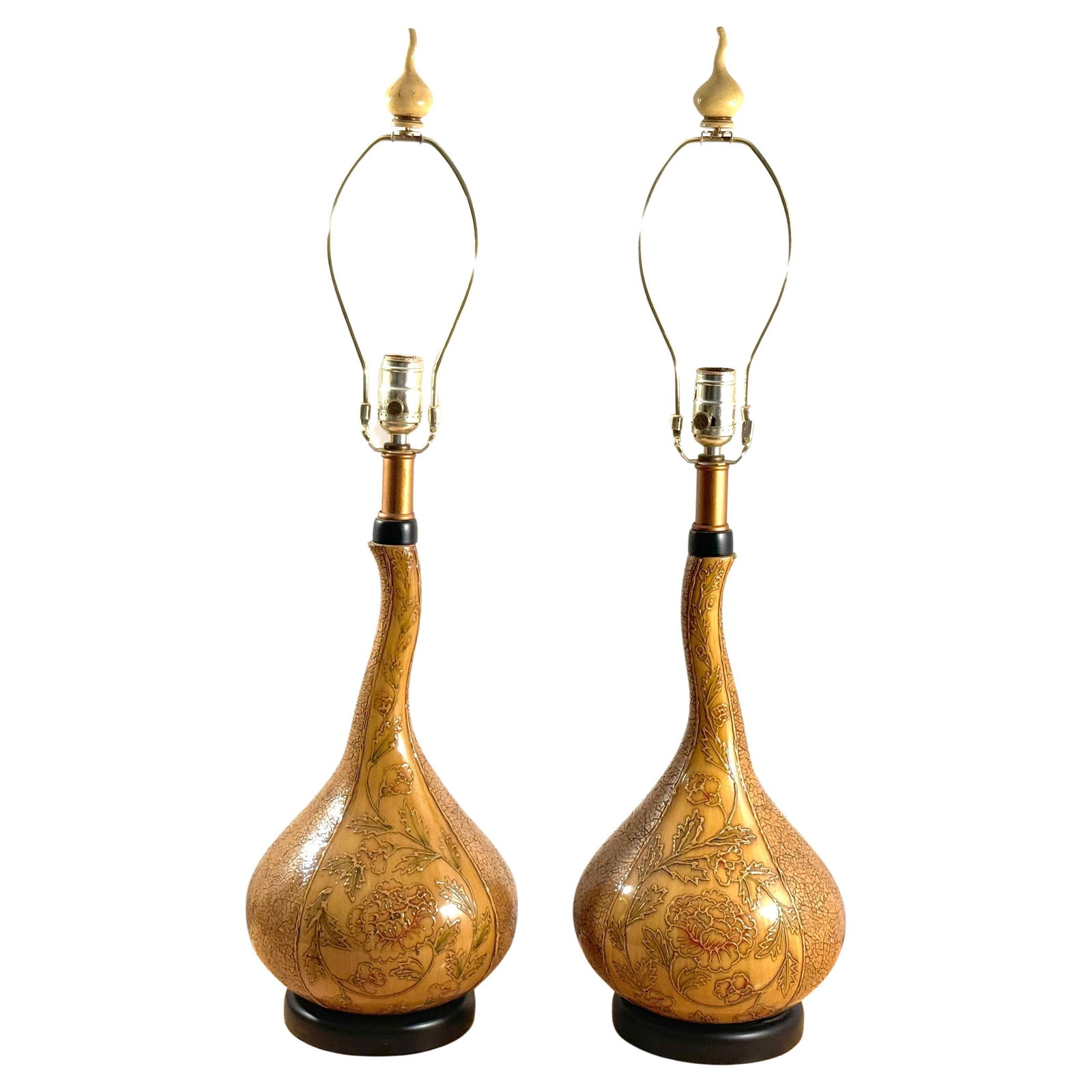 Doulton Attributed Aesthetic Movement Gourd Lamps Set of 2: Doulton Attributed Aesthetic Movement Gourd Lamps Set of 2 This exquisite pair of English Aesthetic Movement Gourd Vases has been beautifully repurposed as lamps, attributed to the esteemed Doulton-La