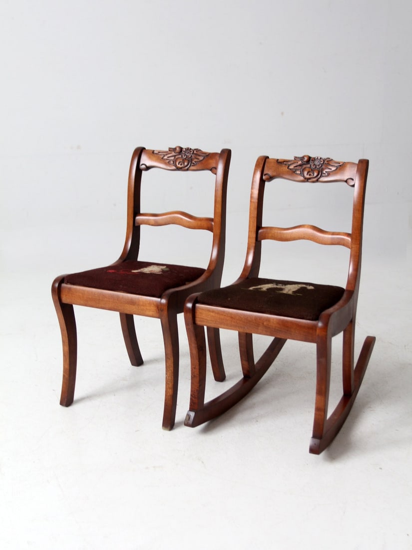 Set of Two Mid-Century Children's Chairs With Needlepoint Animal Seats: Set of Two Mid-Century Children's Chairs With Needlepoint Animal Seats This pair of mid-century children's chairs features traditional revival silhouettes and wool needlepoint seats with cat and dog m