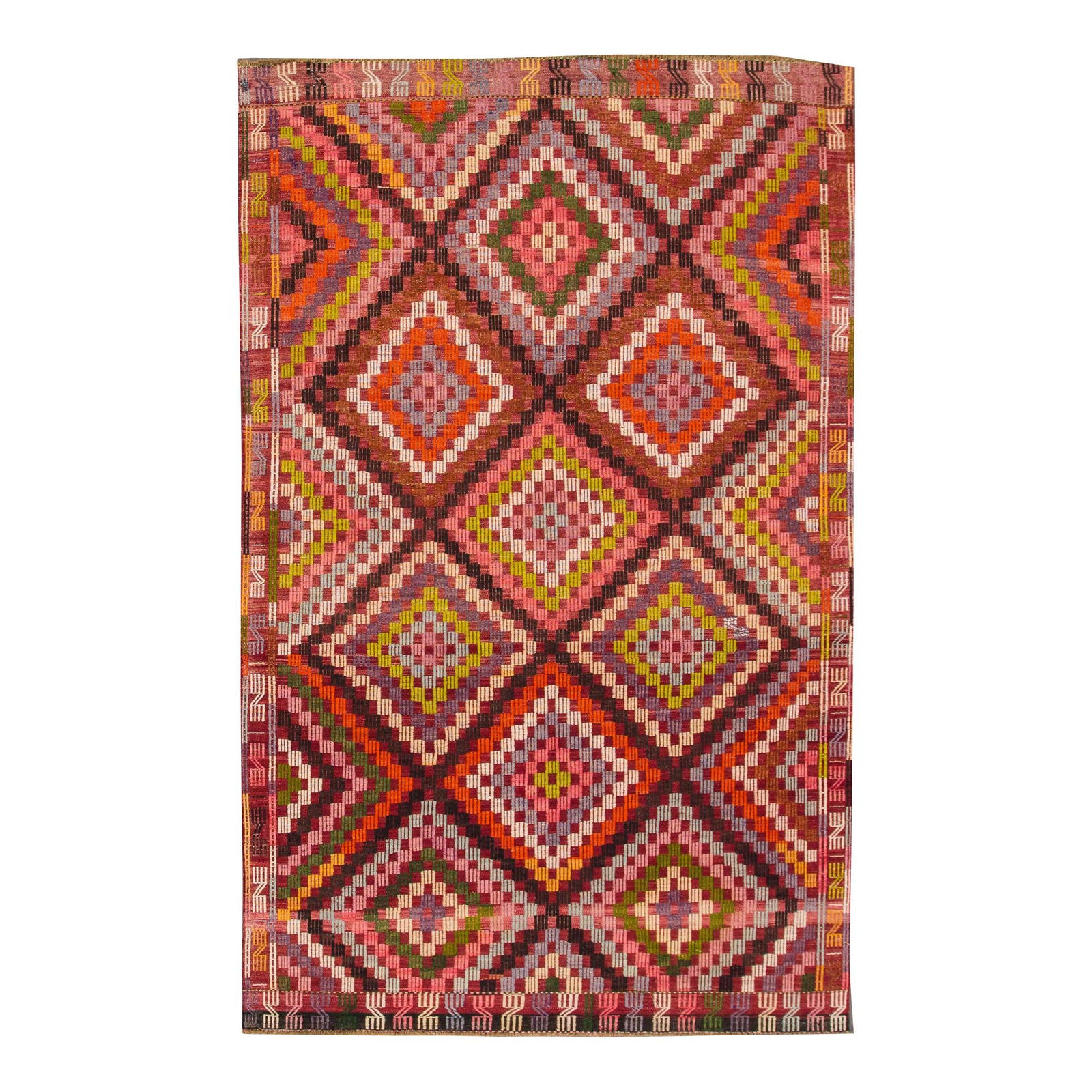 Handmade Vintage Turkish Kilim Pink Geometric Wool Rug 6'1 x 9'9: Handmade Vintage Turkish Kilim Pink Geometric Wool Rug 6'1 x 9'9 This exquisite vintage Turkish Kilim rug features a stunning pink field adorned with a vibrant all-over geometric design. Hand-knotted