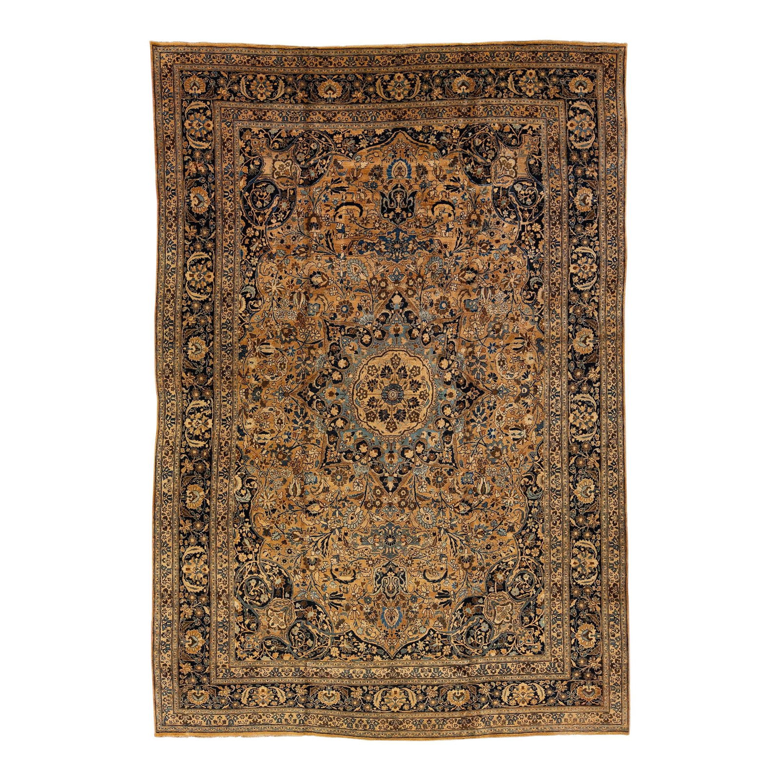 Antique 1920s Persian Mashad Tan Wool Rug 11' x 16'3": Antique 1920s Persian Mashad Tan Wool Rug 11' x 16'3" Discover the elegance of this stunning antique Mashad rug, hand-knotted from high-quality wool. Featuring a warm tan field, this exquisite piece i