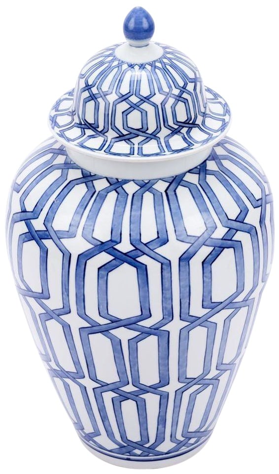 Handmade Chinoiserie Blue White Porcelain Heaven Jar 13H 22D: Handmade Chinoiserie Blue White Porcelain Heaven Jar 13H 22D This stunning Heaven Jar showcases exquisite craftsmanship in a captivating blue and white porcelain design. Standing at 13 inches tall and