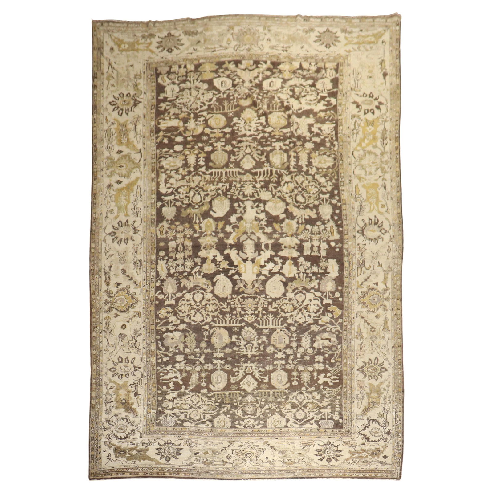 Early 20th Century Brown Persian Sultanabad Wool Rug 10' x 16'2'': Early 20th Century Brown Persian Sultanabad Wool Rug 10' x 16'2'' This exquisite early 20th century antique Persian Sultanabad rug showcases a rich blend of brown, ivory, and goldenrod colors. Hand-kn