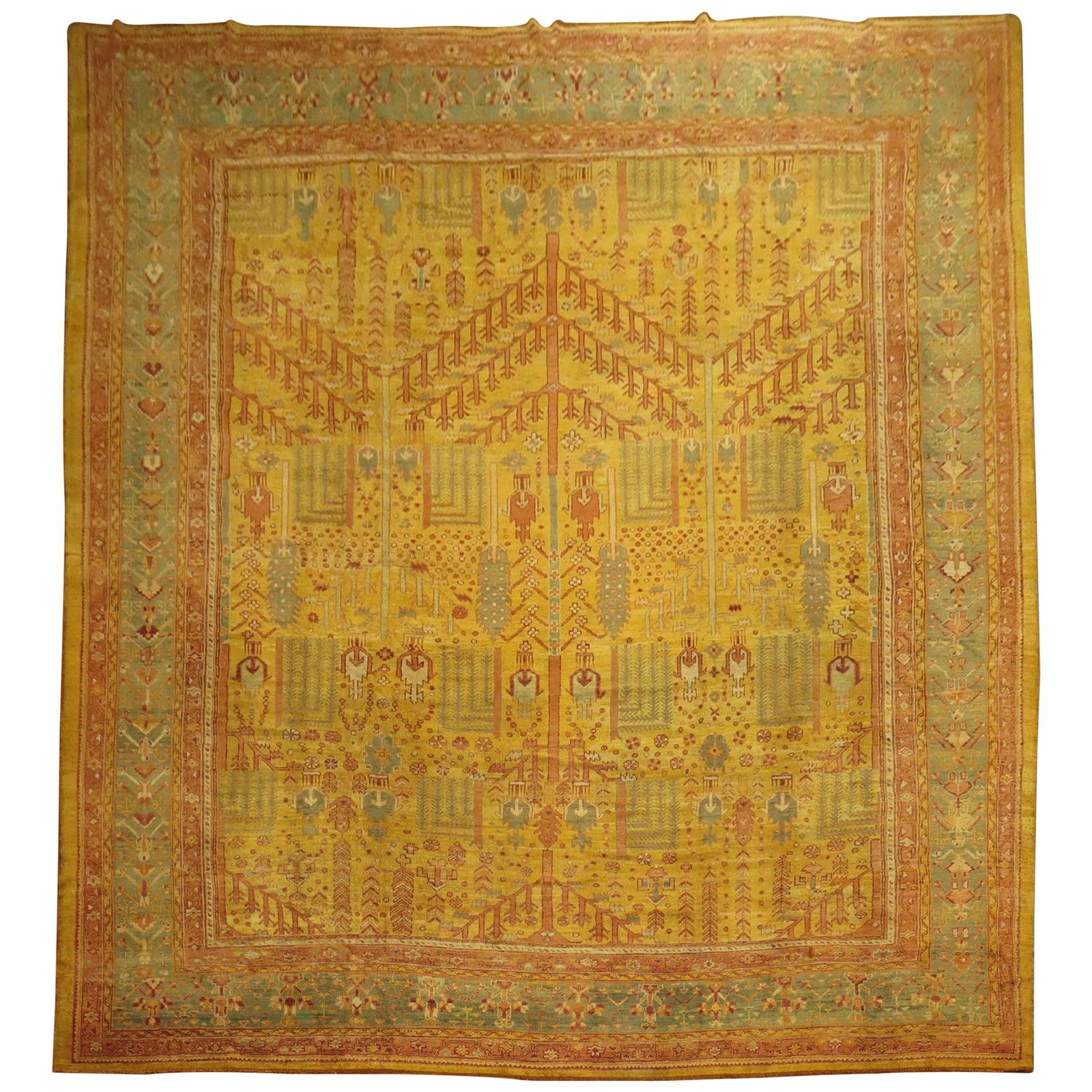 Antique Turkish Oushak Rug Garden of Paradise 13'2 x 17'3 Wool Hand-Woven: Antique Turkish Oushak Rug Garden of Paradise 13'2 x 17'3 Wool Hand-Woven This stunning oversize antique Turkish Oushak rug features a captivating 'Garden of Paradise' design, showcasing a weeping wil