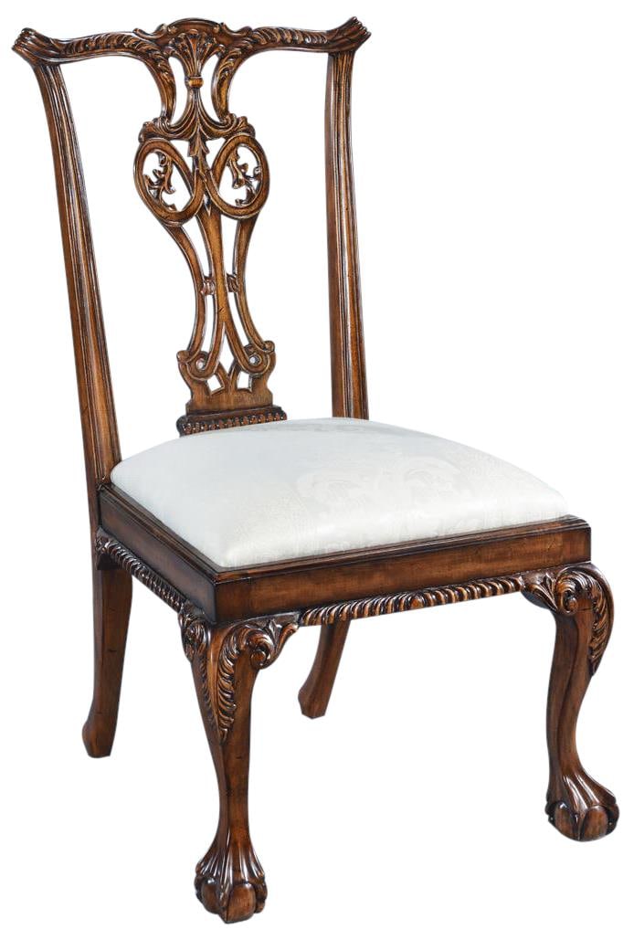 Chippendale Mahogany Dining Chair with Carved Back and Ball Claw Legs: Chippendale Mahogany Dining Chair with Carved Back and Ball Claw Legs This exquisite side chair is crafted from solid mahogany, showcasing traditional Chippendale style with intricate carved details a