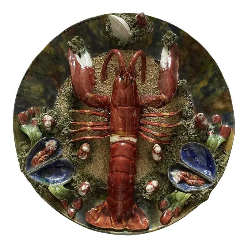19th Century Palissy Style Majolica Lobster Wall Plate Portugal: 19th Century Palissy Style Majolica Lobster Wall Plate Portugal This exquisite Palissy style majolica wall plate showcases a stunning trompe-l'oeil lobster design, crafted in Portugal during the late