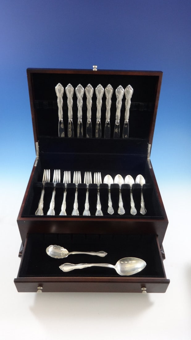 Gorham Rose Tiara Sterling Silver Flatware Set for 8 - 34 Pieces with Storage Chest: Gorham Rose Tiara Sterling Silver Flatware Set for 8 - 34 Pieces with Storage Chest Introducing the Rose Tiara Flatware Set by Gorham, an exquisite collection of sterling silver flatware designed for