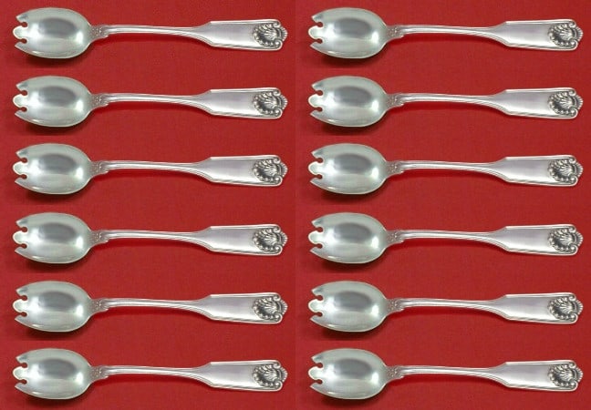 Frank Smith Fiddle Shell Sterling Silver Fork Set 12pc: Frank Smith Fiddle Shell Sterling Silver Fork Set 12pc This exquisite 12-piece ice cream dessert fork set by Frank Smith features the elegant Fiddle Shell pattern. Each fork is crafted from high-quali