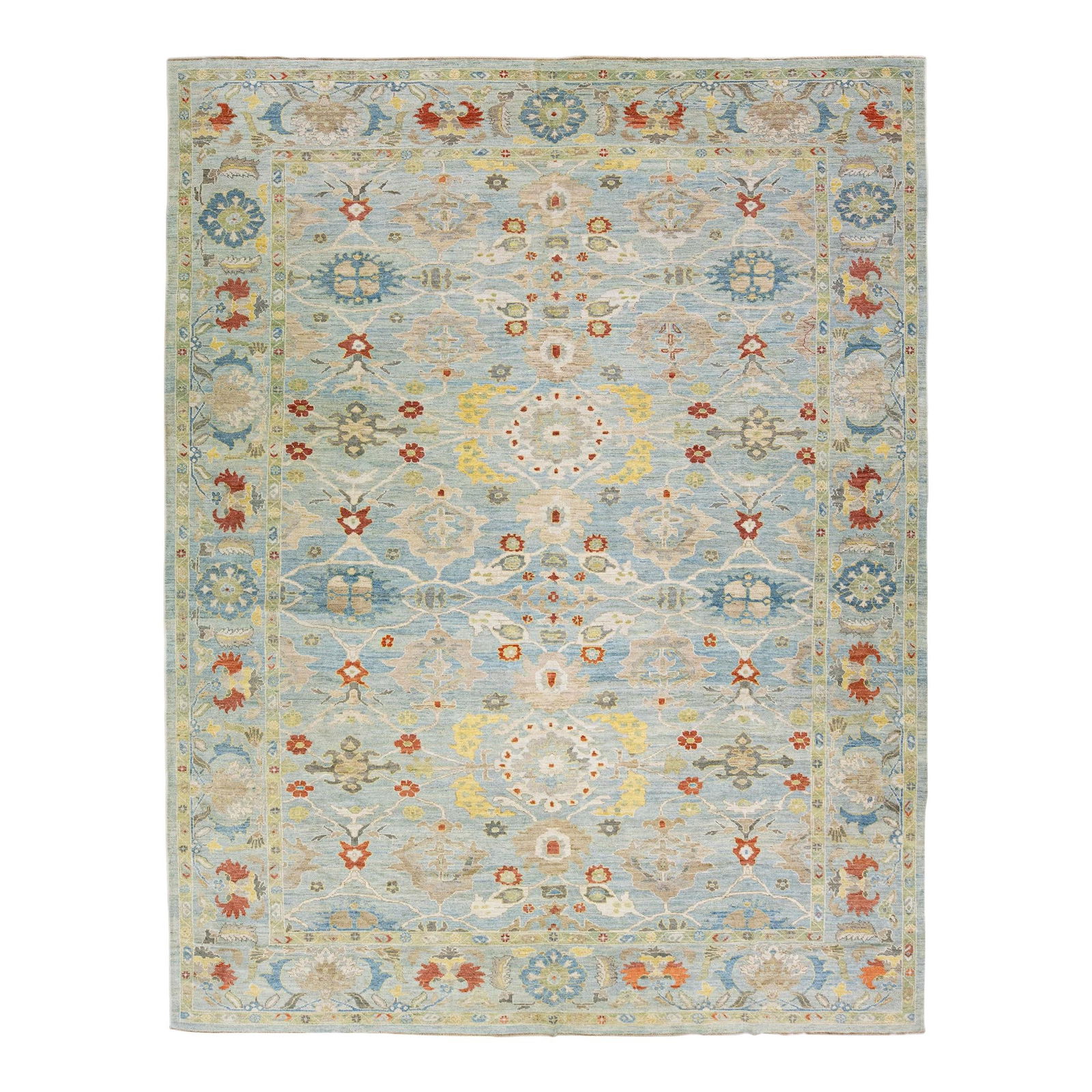 Contemporary Sultanabad Light Blue Floral Wool Rug 12'2 x 15'5: Contemporary Sultanabad Light Blue Floral Wool Rug 12'2 x 15'5 Discover this exquisite contemporary Sultanabad rug, expertly hand-knotted from high-quality wool. It features a stunning light blue fiel