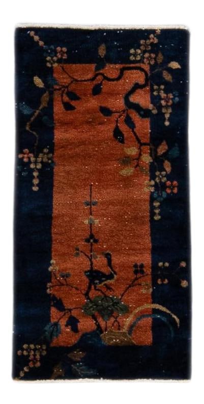 Antique Art Deco Handmade Wool Rug Tan Blue Floral Design 1'11 x 3'9: Antique Art Deco Handmade Wool Rug Tan Blue Floral Design 1'11 x 3'9 This exquisite Antique Art Deco Handmade Wool Rug showcases a beautiful tan field with a striking navy-blue frame, enhanced by a vi