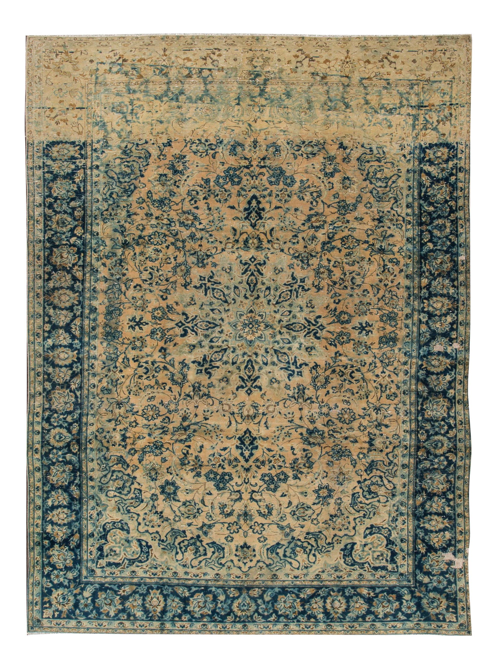 Vintage Persian Tabriz Floral Wool Rug 8'4" X 11'6": Vintage Persian Tabriz Floral Wool Rug 8'4" X 11'6" This exquisite vintage Persian Tabriz rug features a distressed beige field, beautifully complemented by a navy blue frame with green and tan accent