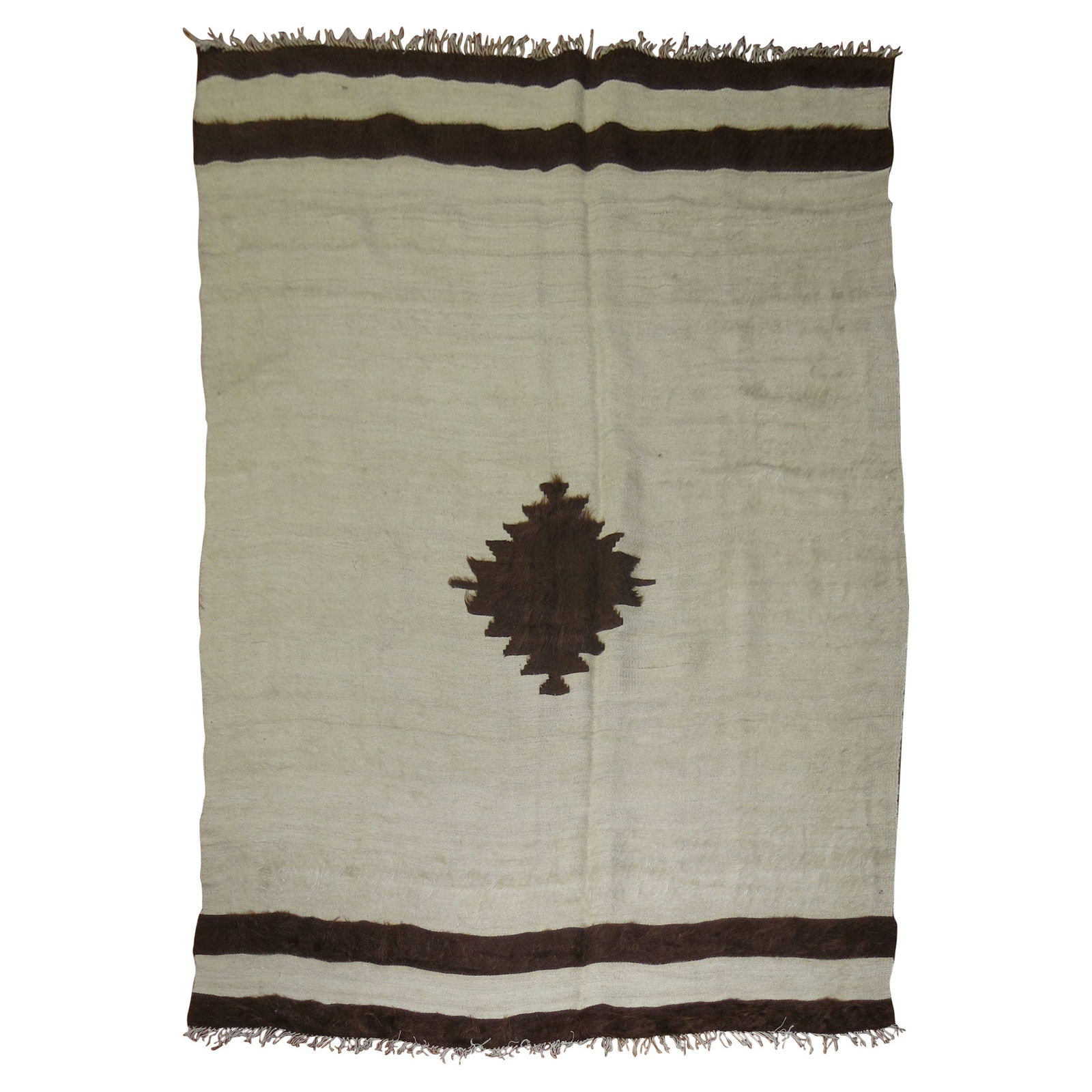 Vintage Hand-Woven Mohair Rug in Brown Ivory Moorish Style 4'8 x 6': Vintage Hand-Woven Mohair Rug in Brown Ivory Moorish Style 4'8 x 6' This stunning Vintage Angora Mohair Rug showcases a beautiful Moorish style in a sophisticated palette of brown and ivory. Hand-wove