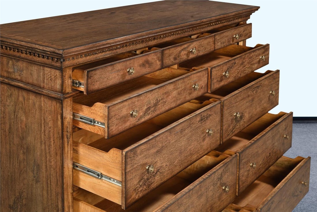Blake Chest of Drawers Rustic Pecan Finish 50H 71W 21.75D: Blake Chest of Drawers Rustic Pecan Finish 50H 71W 21.75D Introducing the Blake Drawer Chest, a stunning addition to your home decor, designed in an antique or vintage style. This chest of drawers fea