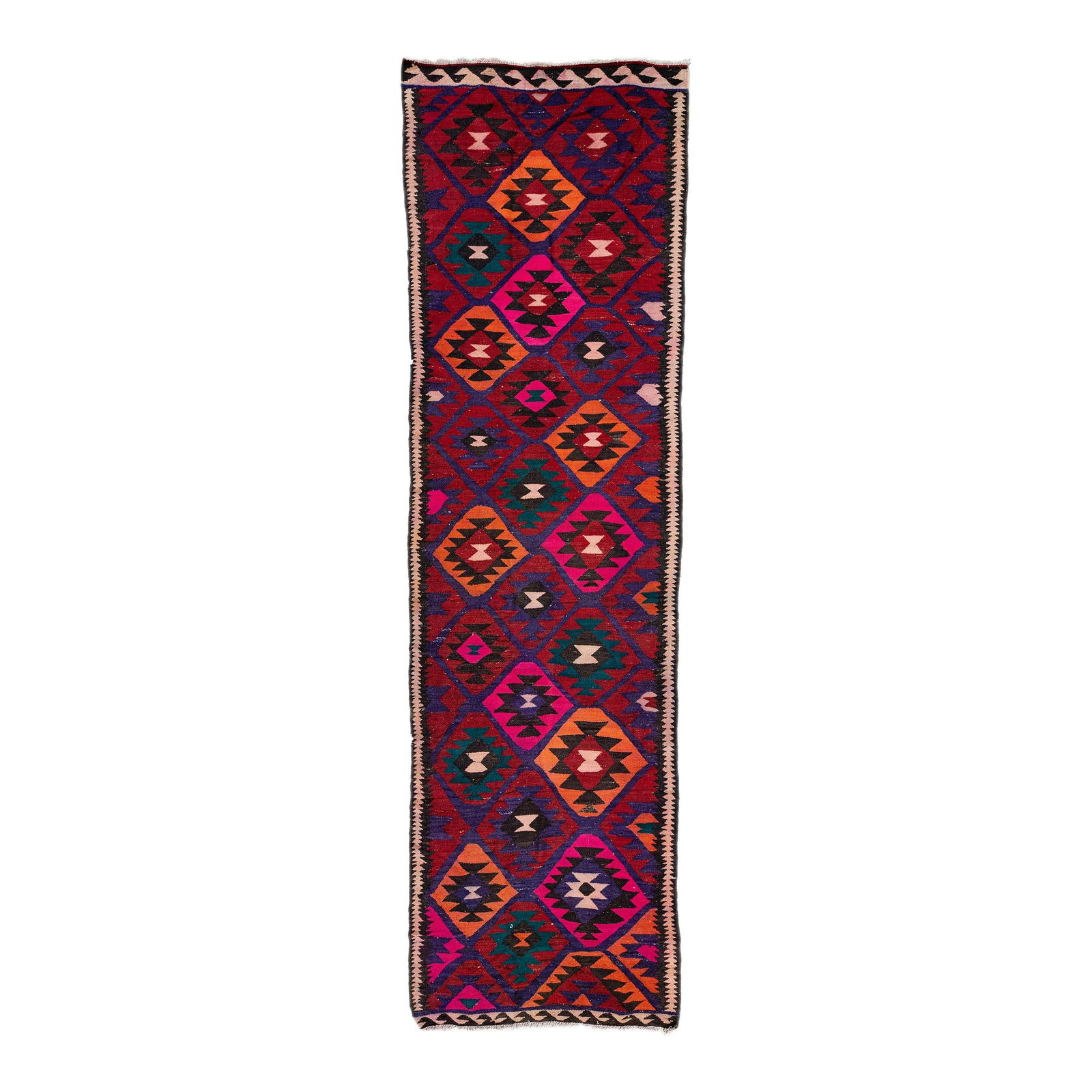 1960s Handmade Turkish Kilim Pink Wool Runner 4'3 x 14'7: 1960s Handmade Turkish Kilim Pink Wool Runner 4'3 x 14'7 This exquisite vintage Turkish Kilim runner is hand-knotted from high-quality wool, showcasing a vibrant pink field. The design features a beig