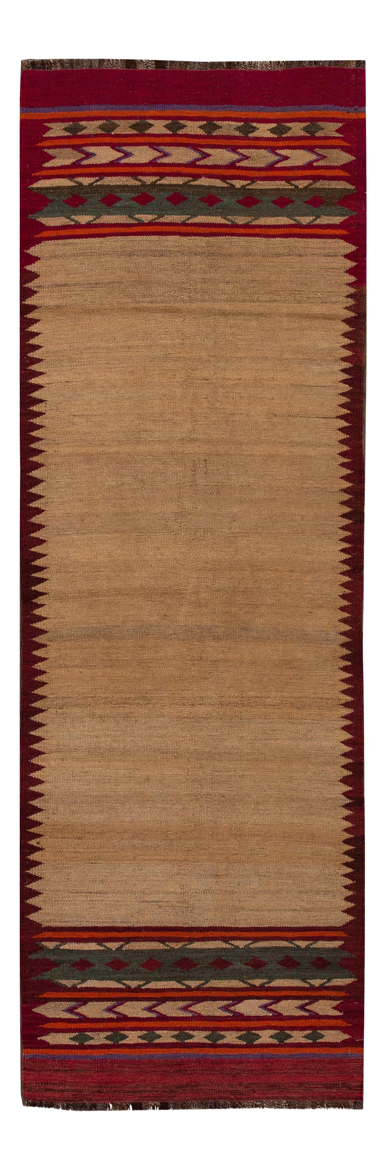 Contemporary Kilim Runner Rug 3'2'' x 9'1'' Wool with Tan Red Green Design: Contemporary Kilim Runner Rug 3'2'' x 9'1'' Wool with Tan Red Green Design Enhance your space with this exquisite hand-woven contemporary Kilim runner rug. Featuring a warm tan field adorned with vibr