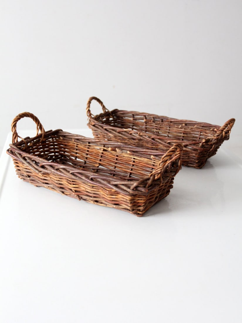 Vintage Handwoven Rectangular Wicker Baskets Pair with Handles (1 of 9)