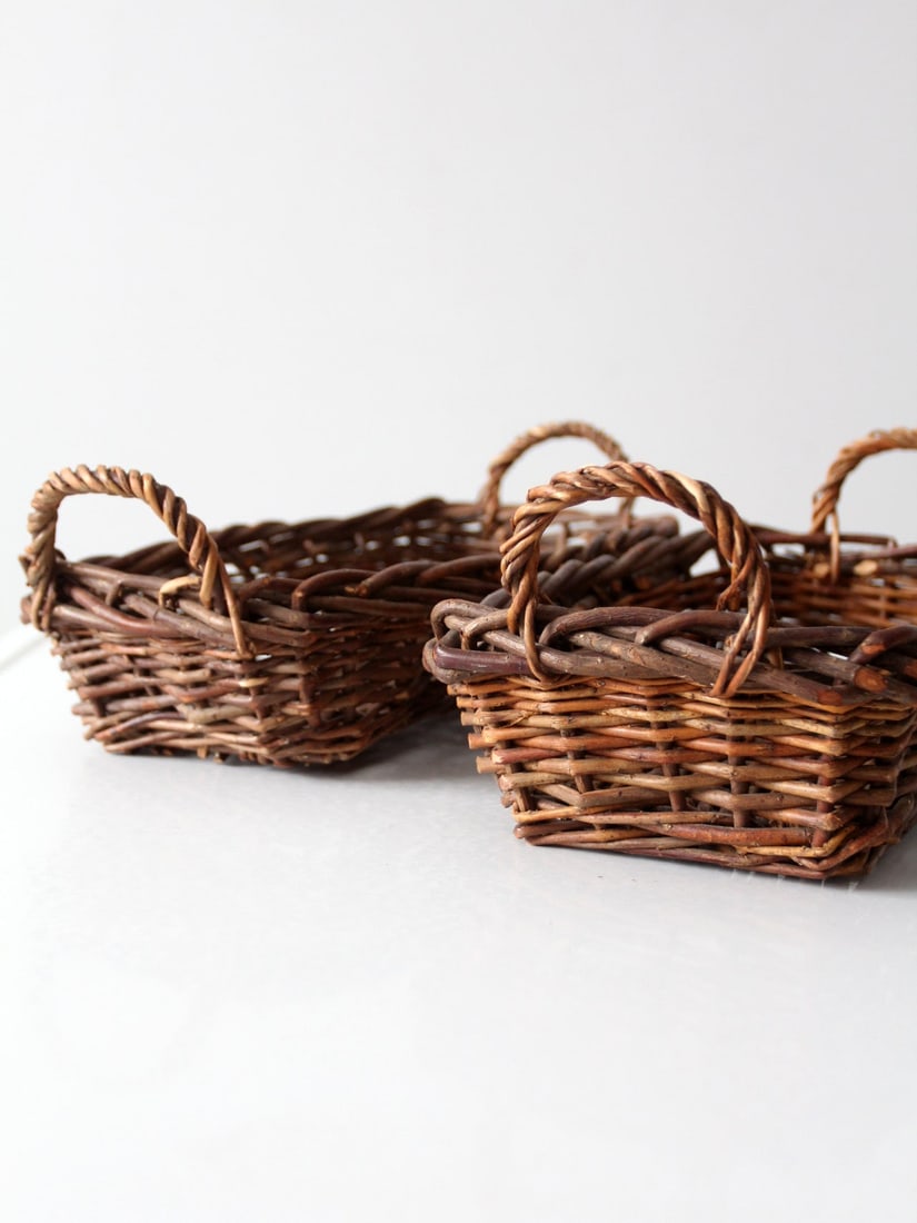 Vintage Handwoven Rectangular Wicker Baskets Pair with Handles - 2