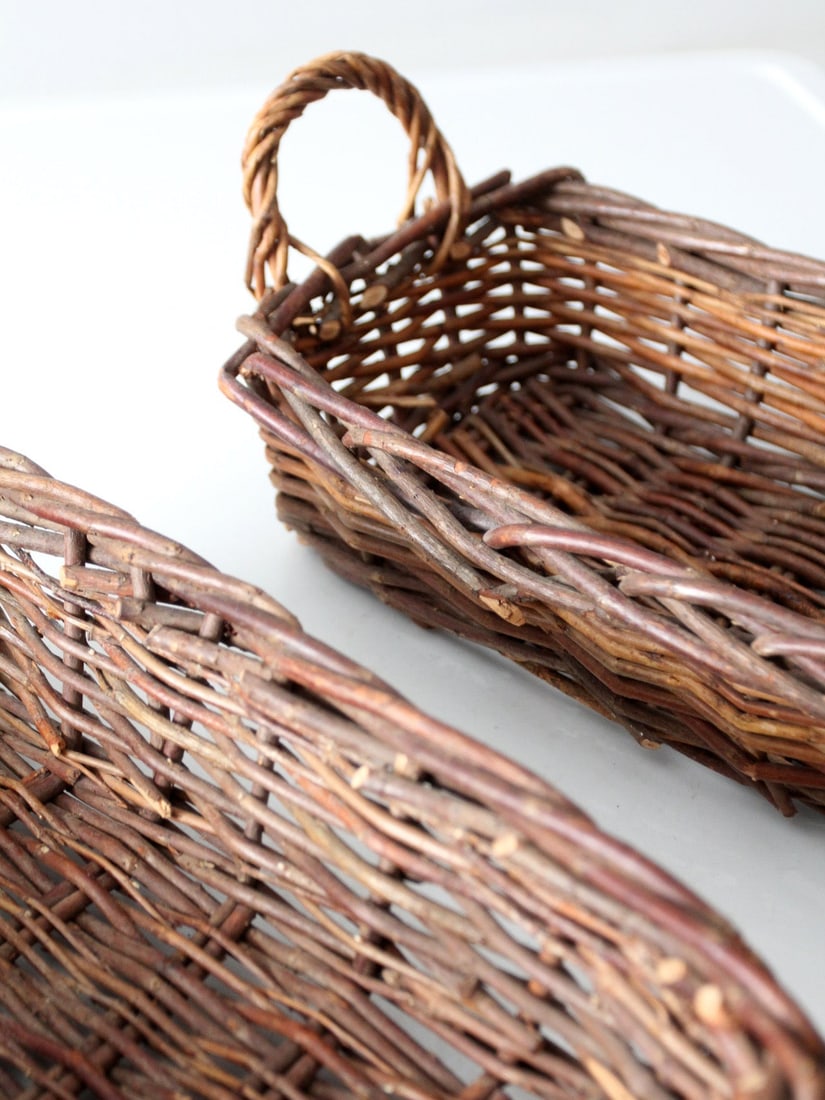 Vintage Handwoven Rectangular Wicker Baskets Pair with Handles - 3