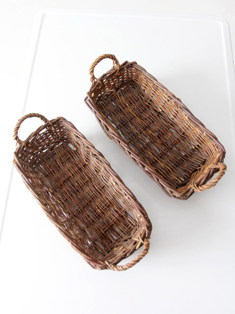 Vintage Handwoven Rectangular Wicker Baskets Pair with Handles - 4