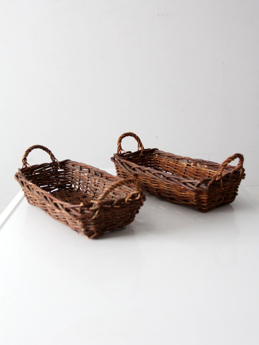 Vintage Handwoven Rectangular Wicker Baskets Pair with Handles - 6