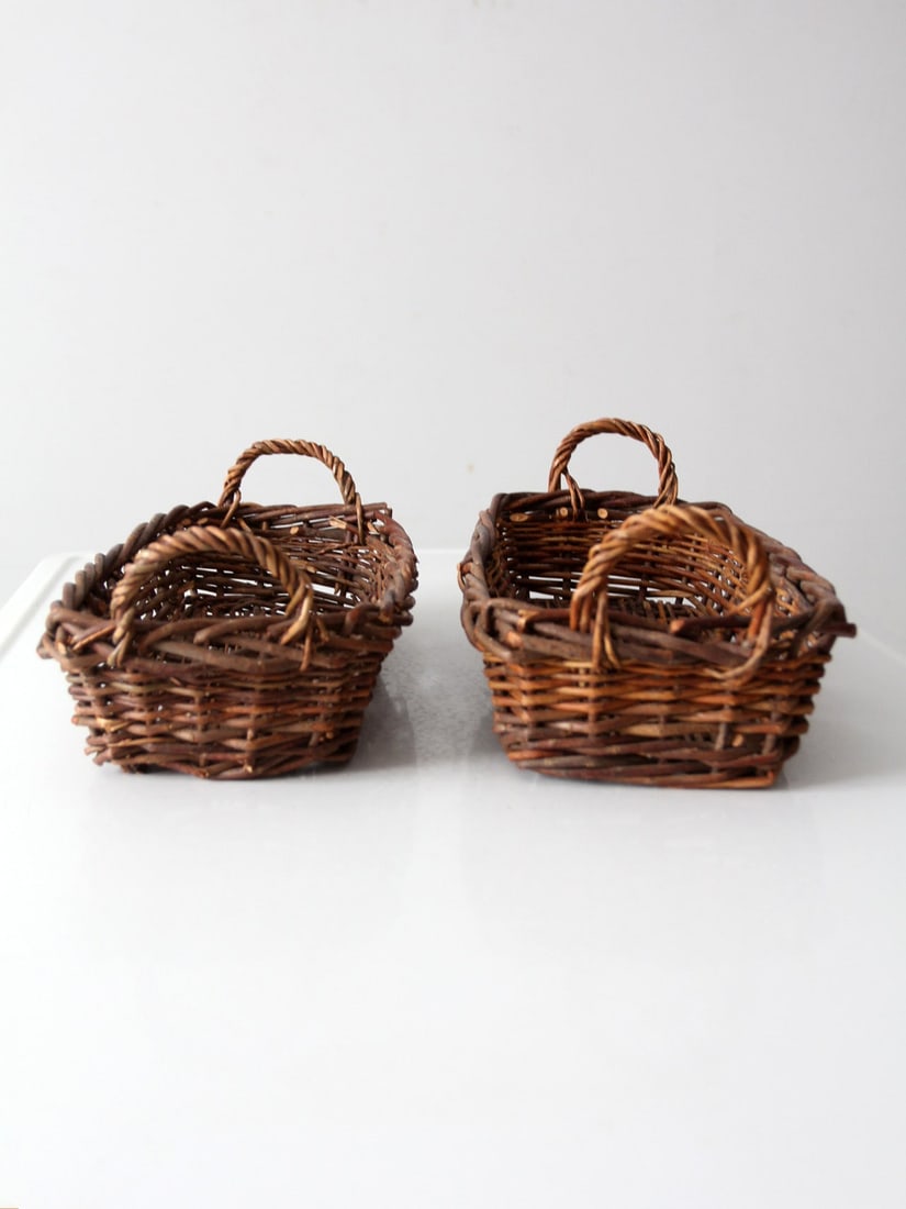 Vintage Handwoven Rectangular Wicker Baskets Pair with Handles - 7