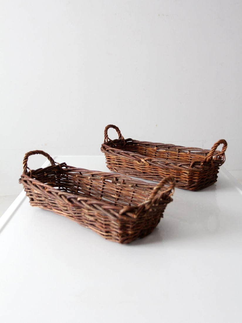Vintage Handwoven Rectangular Wicker Baskets Pair with Handles - 8