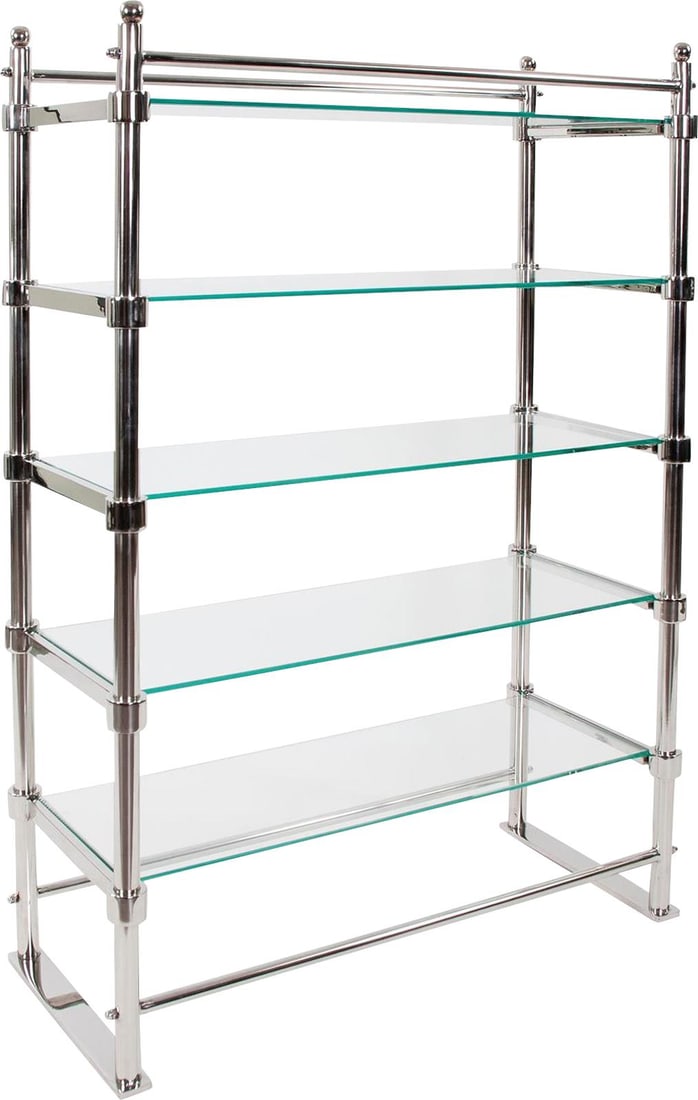 Howard Elliott Scola Glass Steel Bookshelf Polished Silver 51.5H x 36.5W x 16D: Howard Elliott Scola Glass Steel Bookshelf Polished Silver 51.5H x 36.5W x 16D Introducing the Contemporary Scola Bookshelf, a sophisticated blend of glass and polished stainless steel. This striking
