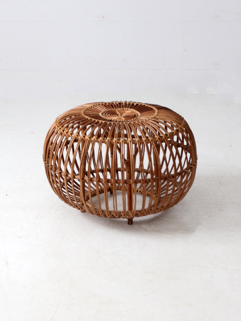 Franco Albini Inspired Vintage Rattan Ottoman Natural Finish 24x24x16: Franco Albini Inspired Vintage Rattan Ottoman Natural Finish 24x24x16 This vintage rattan ottoman, inspired by the design of Franco Albini, features a natural finish with a striking spherical open-wea