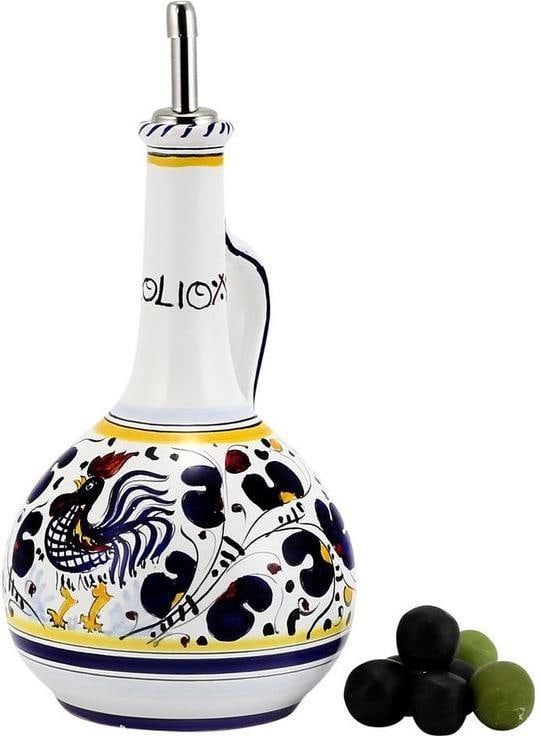 Deluxe Deruta Style Blue Rooster Ceramic Oil Bottle 10.5 Inches: Deluxe Deruta Style Blue Rooster Ceramic Oil Bottle 10.5 Inches This elegant Italian ceramic oil bottle features a charming blue rooster design, making it a delightful addition to your kitchen or dini