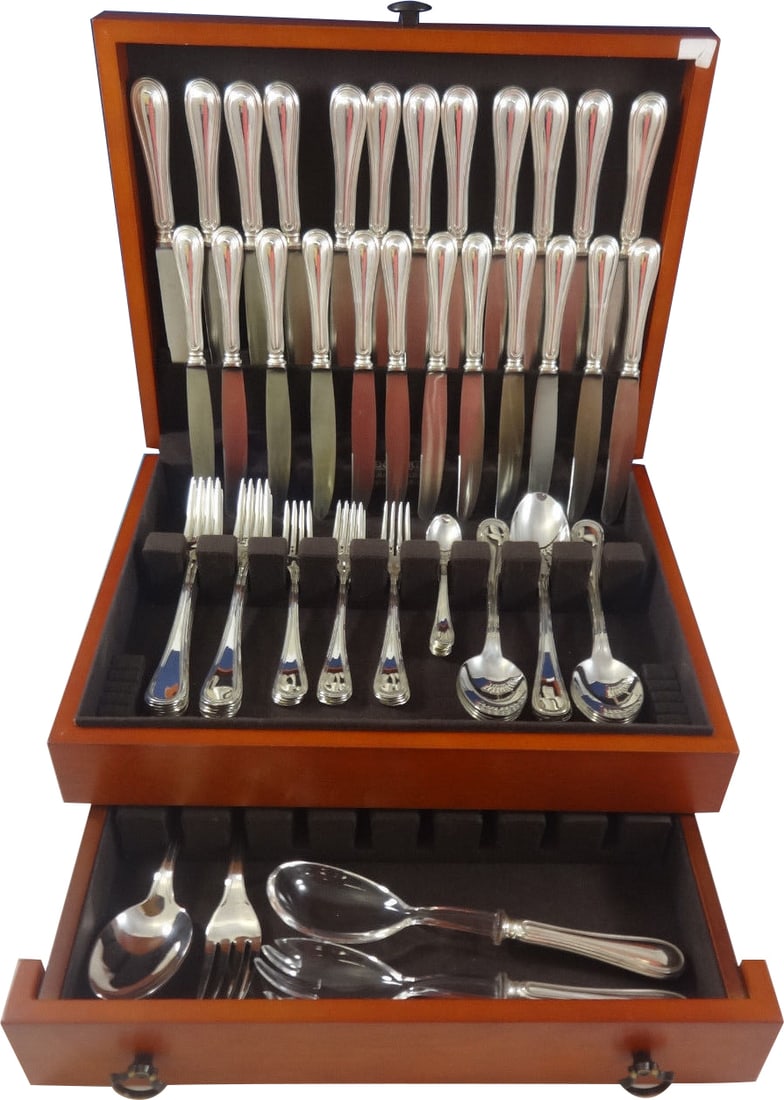 Giorgio 800 Silver Flatware Set for 12 - 76 Pieces Italy: Giorgio 800 Silver Flatware Set for 12 - 76 Pieces Italy Elevate your dining experience with this stunning Giorgio 800 Silver Flatware Dinner Set, expertly crafted in Italy. This impressive 76-piece s