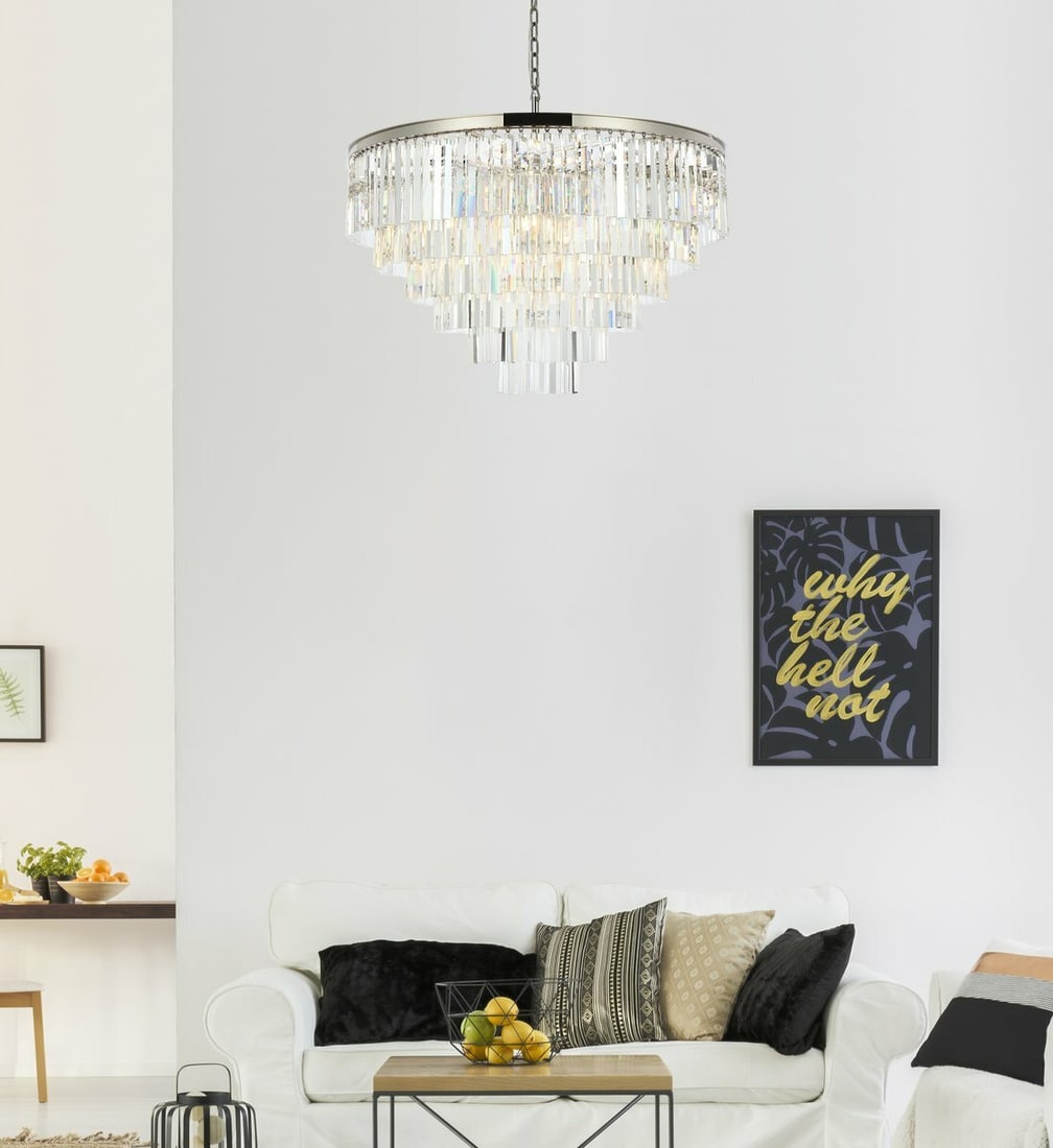 Sydney 33-Light Crystal Chandelier in Polished Nickel 44 Inch Modern Ceiling Fixture: Sydney 33-Light Crystal Chandelier in Polished Nickel 44 Inch Modern Ceiling Fixture This large modern chandelier features 33 lights and a polished nickel finish, complemented by clear Royal Cut cryst