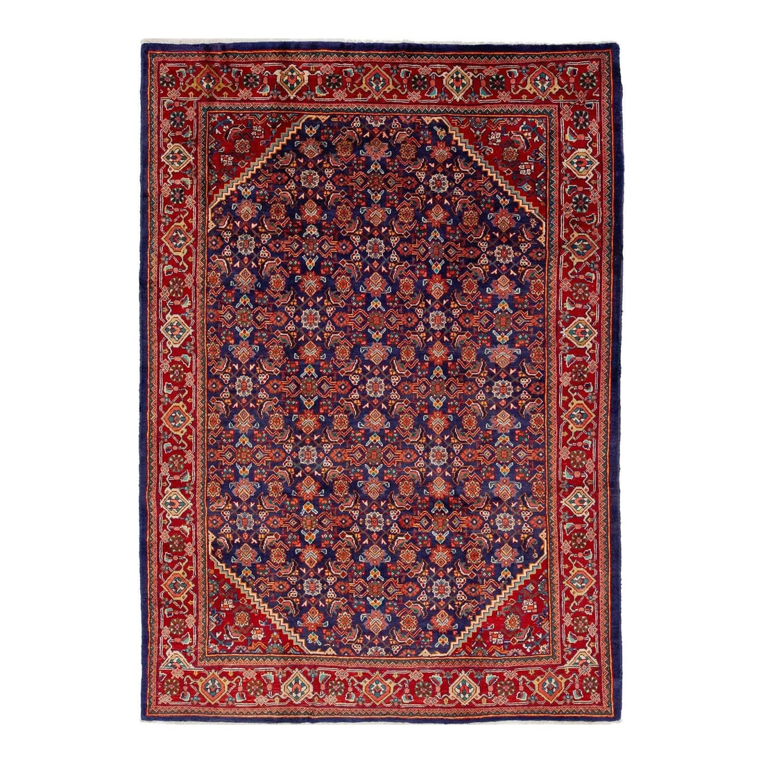 Vintage 1930s Blue Mahal Persian Wool Rug 7'8 x 10'10: Vintage 1930s Blue Mahal Persian Wool Rug 7'8 x 10'10 This exquisite blue Mahal Persian wool rug showcases an intricate all-over design enriched with vibrant accents of green, orange, and various shad
