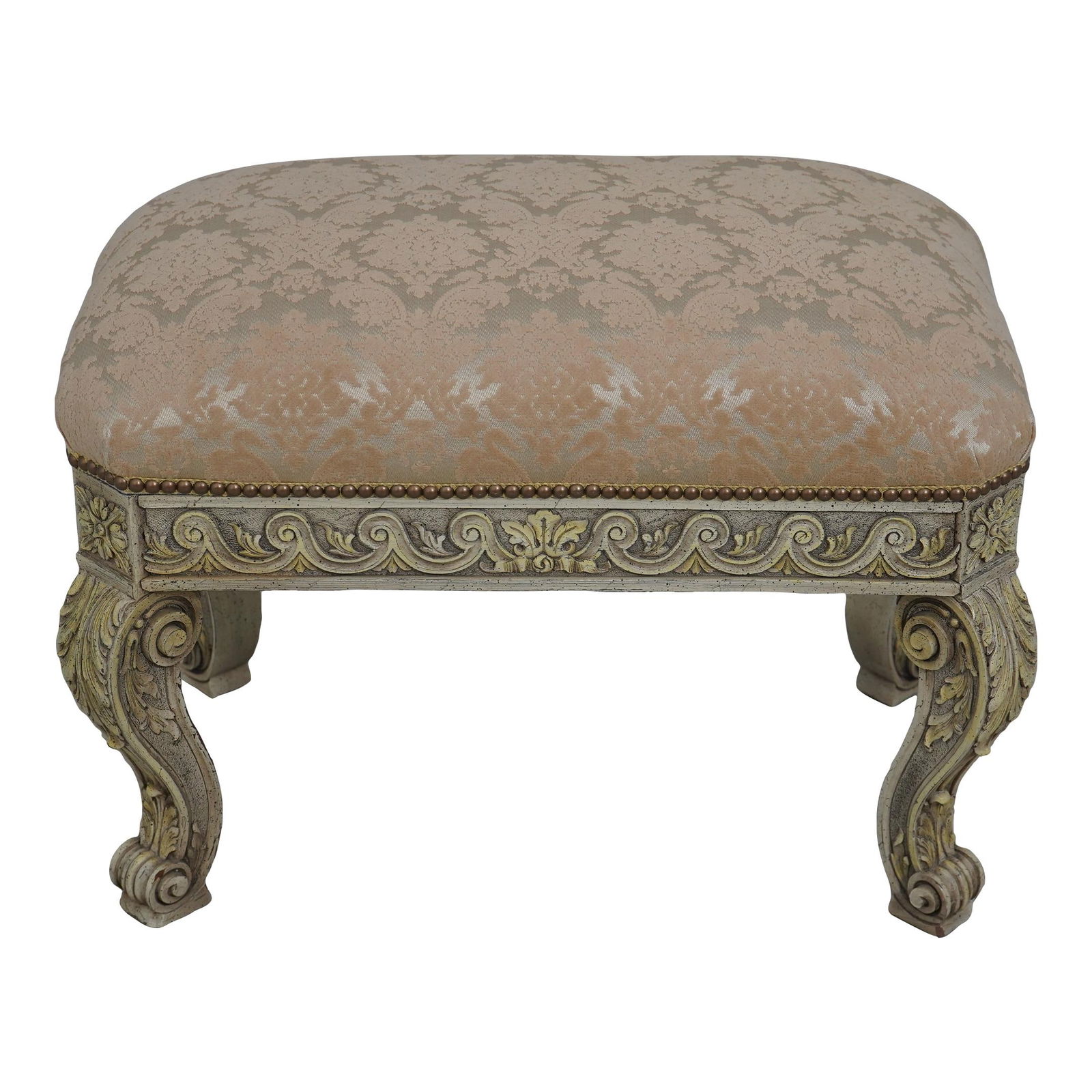 Weiman Georgian Style Carved Upholstered Bench with Gold Damask (1 of 10)