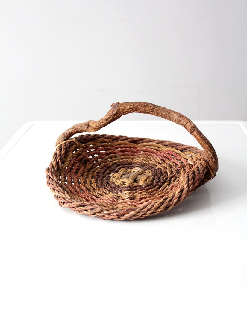 Vintage Woven Gathering Basket with Rustic Twig Handle (1 of 10)