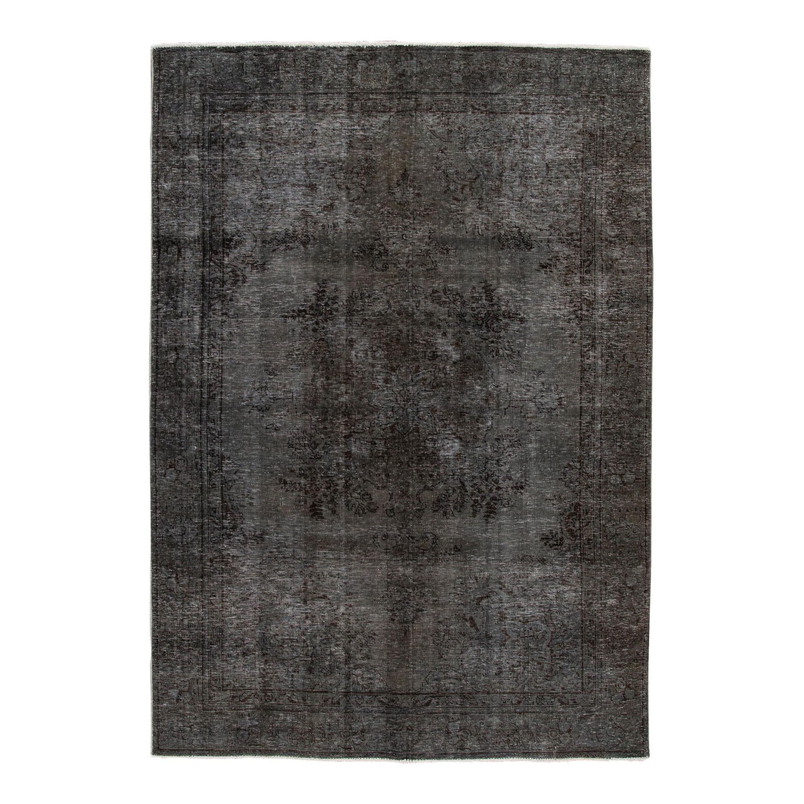 Vintage 1960s Handmade Gray Floral Wool Rug 6'4 x 9'1: Vintage 1960s Handmade Gray Floral Wool Rug 6'4 x 9'1 Discover the elegance of this Vintage Overdyed Handmade Gray Floral Wool Rug, featuring a stunning gray field adorned with intricate black accents