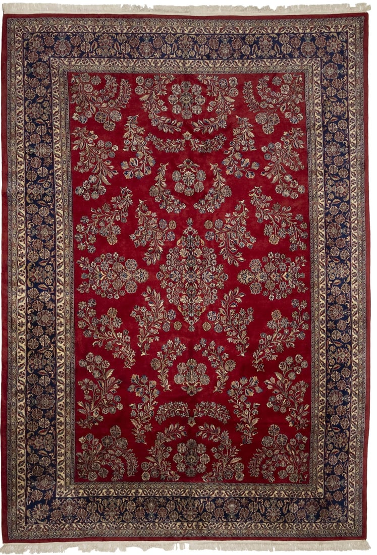 Hand-Knotted Wool Floral Area Rug 11x16 Modern Traditional Design: Hand-Knotted Wool Floral Area Rug 11x16 Modern Traditional Design This extra-large hand-knotted area rug features a striking floral pattern in shades of red, purple-navy, cream, beige, light blue, and