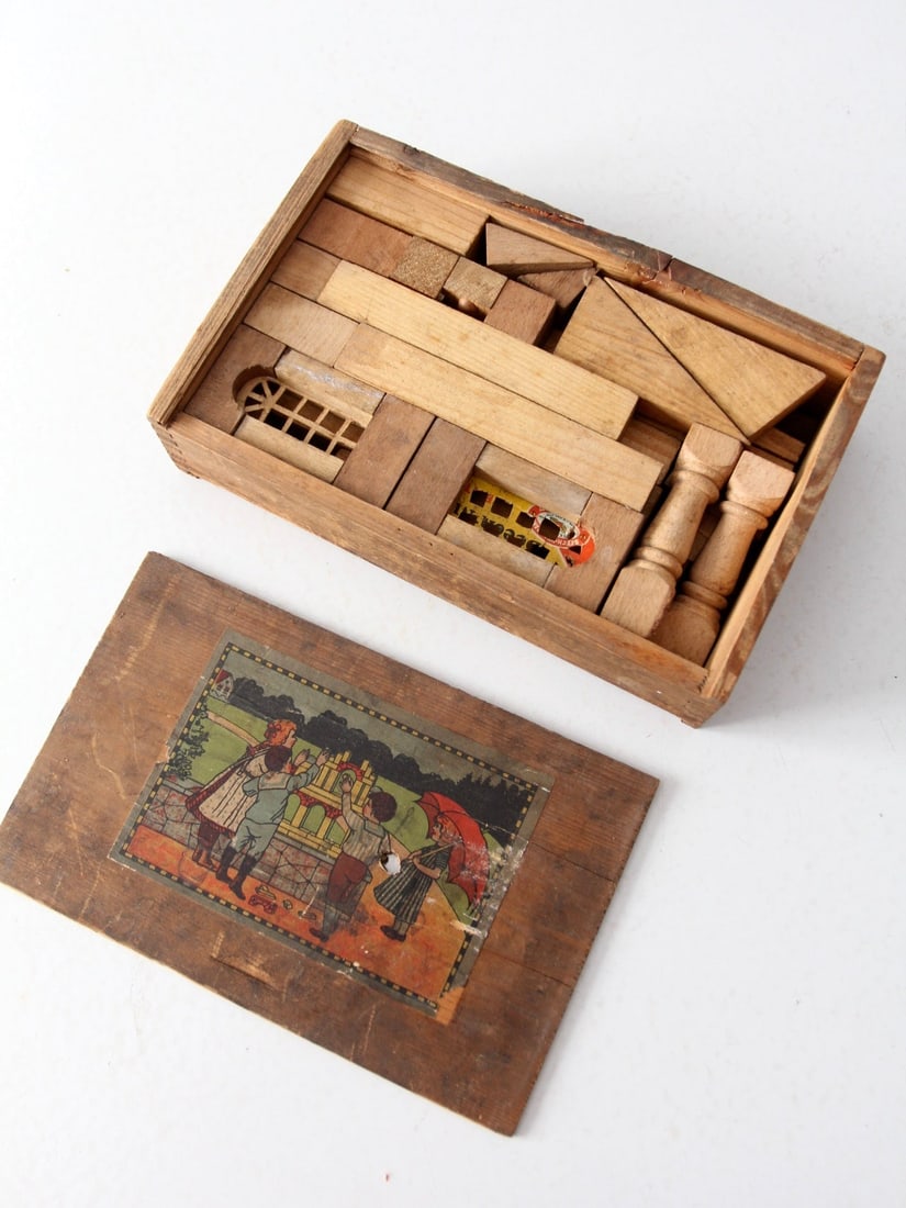 Victorian Wooden Building Blocks Set in Dovetail Box 37 Pieces: Victorian Wooden Building Blocks Set in Dovetail Box 37 Pieces Discover a delightful set of Victorian building blocks perfect for imaginative play. This charming wooden toy set features intricately de