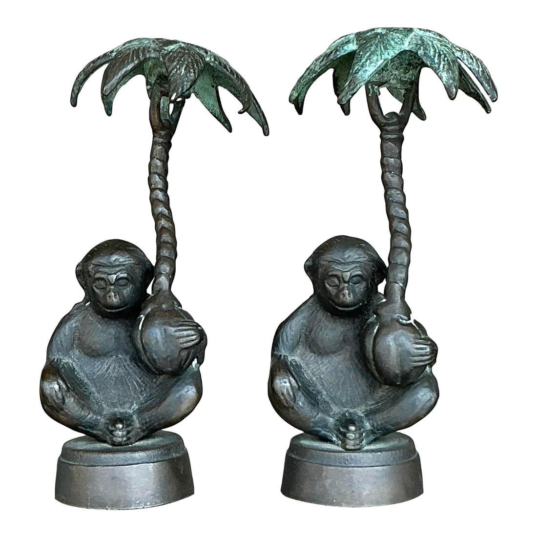 Vintage Boho Patinated Monkey Candlesticks Pair with Palm Trees: Vintage Boho Patinated Monkey Candlesticks Pair with Palm Trees Enhance your decor with this charming pair of vintage boho-style patinated monkey candlesticks. Crafted from solid metal with a verdigri