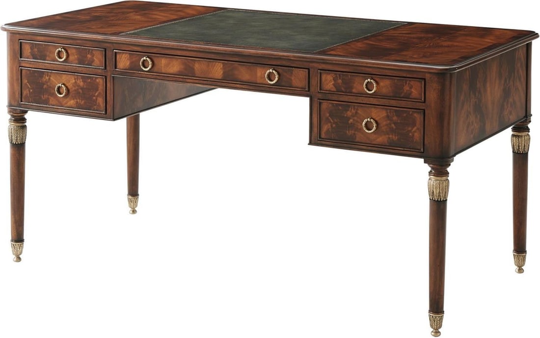 Mahogany Rectangle Desk with Gold Tooled Leather Top by Theodore Alexander: Mahogany Rectangle Desk with Gold Tooled Leather Top by Theodore Alexander This traditional desk is crafted from mahogany and features a rectangular shape with a leather top accented by gold tooling.