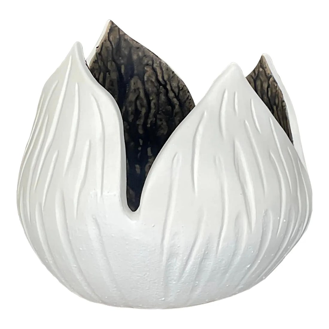 Signed petal form studio pottery vase with organic textured design: Signed petal form studio pottery vase with organic textured design This vintage contemporary studio pottery vase features a unique petal-inspired design with textured off-white ceramic and a