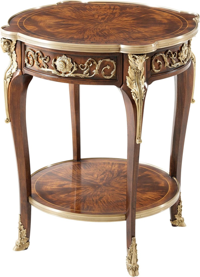 Theodore Alexander Circular Side Table in Brass and Mahogany: Theodore Alexander Circular Side Table in Brass and Mahogany Introducing the Theodore Alexander Circular Side Table, a stunning blend of elegance and functionality. This side table features a